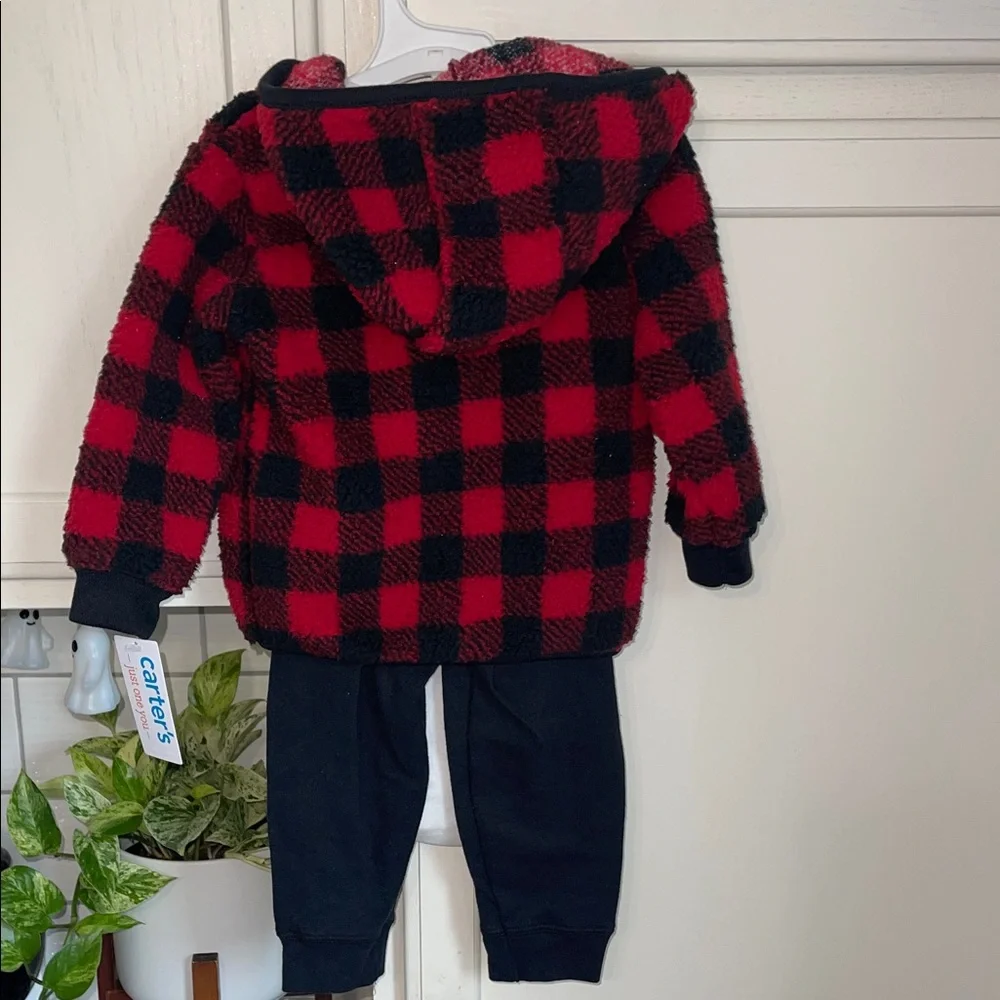 Carters Baby 18M 3PC Plaid Fleece Jacket Penguin Bodysuit Pants Set Red Black